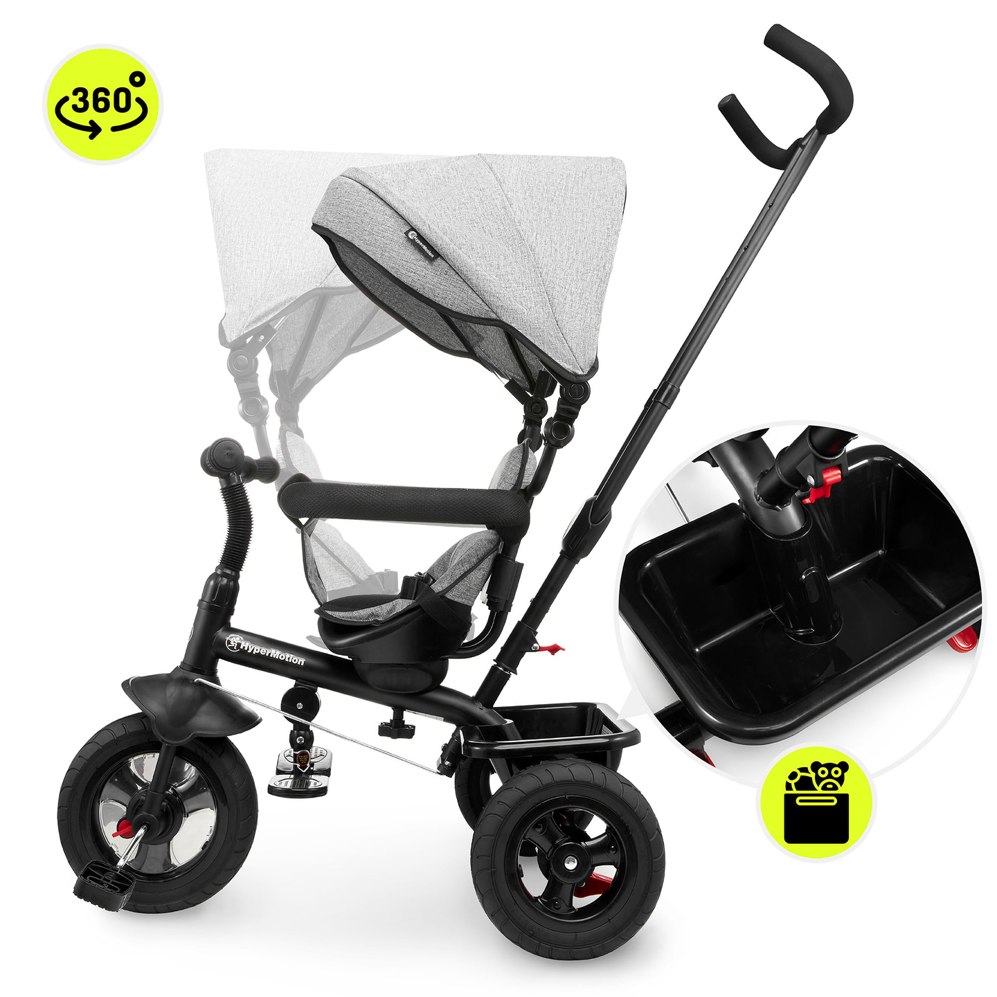 Kolmerattaline jalgratas lastele 1-4 aastat - TOBI FREY - hall värv - pöörlev - pumbatavad rattad + tõukeratas