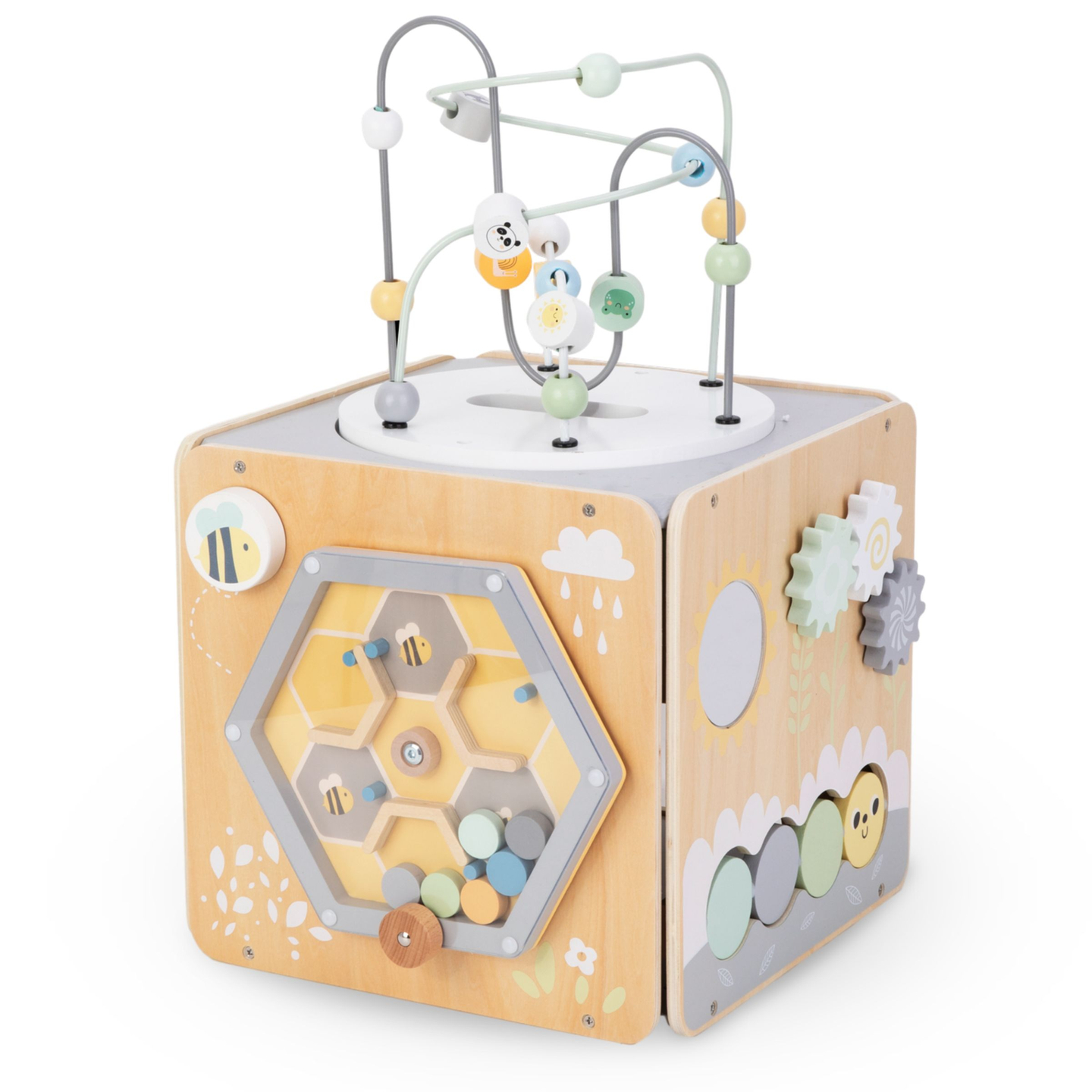 Suur puidust tegevuskuubik koos aasaga - Montessori