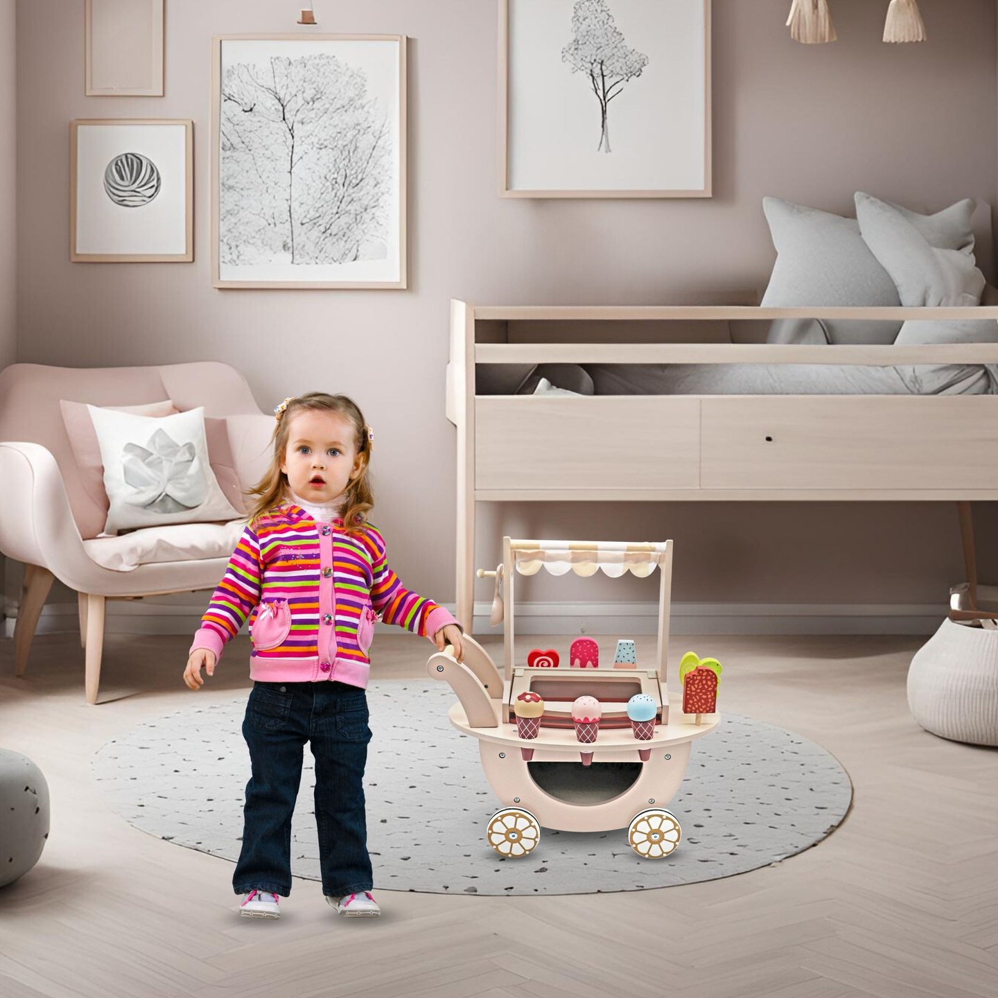 Puidust jäätisekohvik lastele - ratastel käru koos tarvikutega