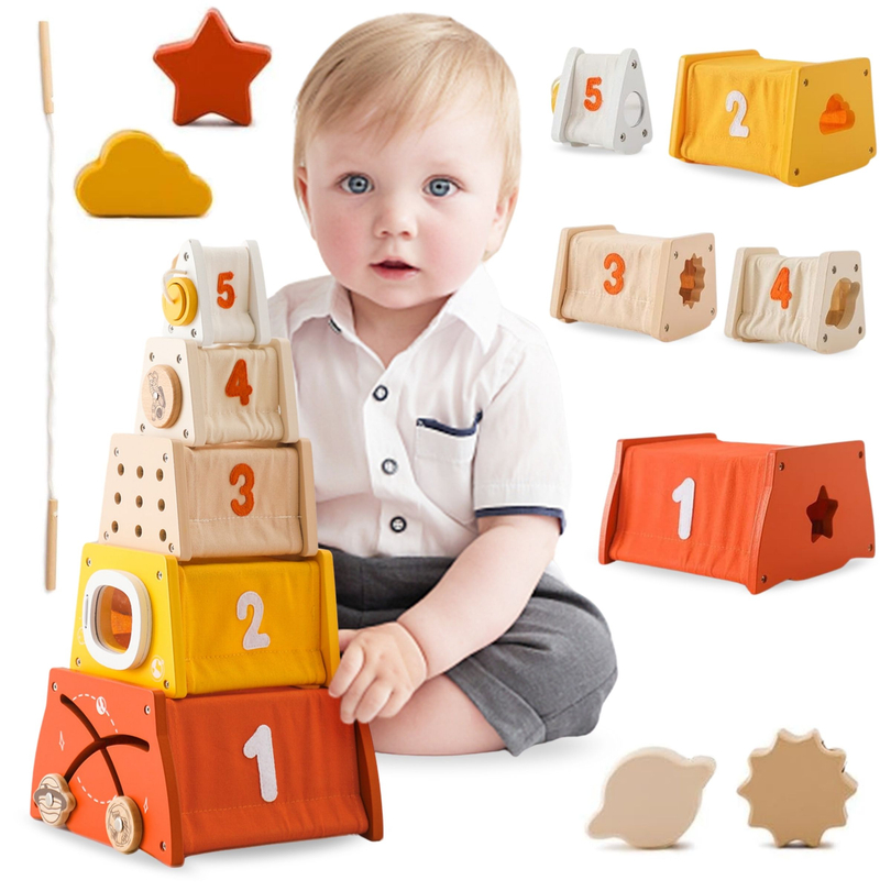 Montessori hariduslik puidust püramiid - kuju sorteerija, labürint, numbrid