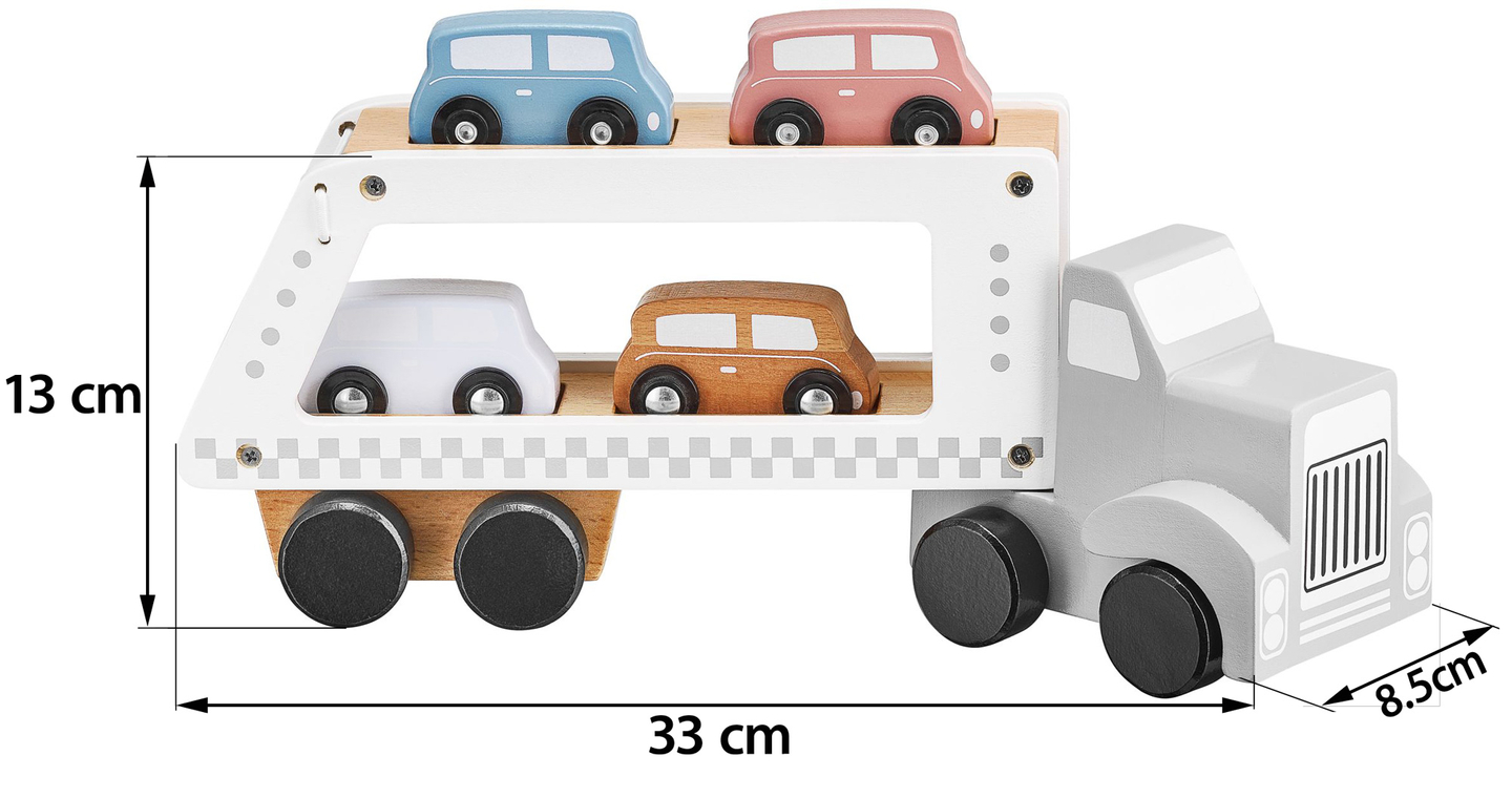 Puidust veoauto haagis koos 4 autoga