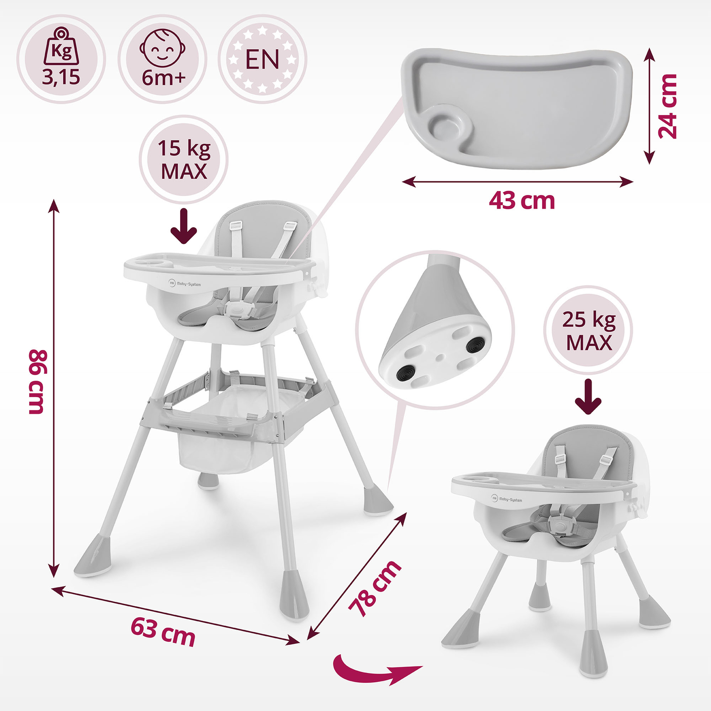 Moby-System Magnolia 2-in-1 reguleeritav tugitool - hall