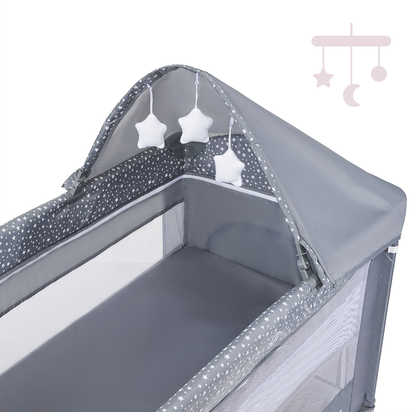 Reisivoodi / mänguaed 2 taset mähkimislaua, katuse ja Happy Traveller BASIC PLUS madratsiga - hall