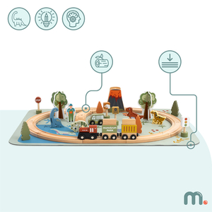 Dino Park puidust rong libisemisvastase matiga - dinosaurused, rong, rööpad, vulkaan, kell