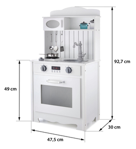 Valge puidust köök koos esiliistu, aksessuaaride ja LED-lambiga
