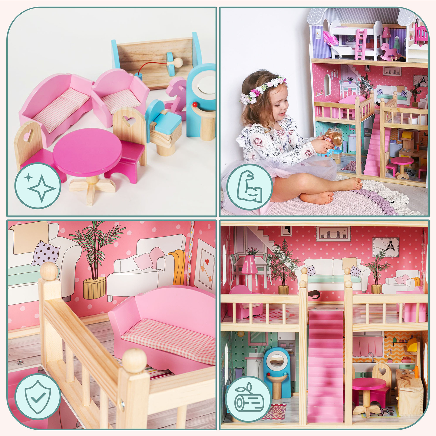 Suur puidust 3-korruseline nukumaja koos terrassi, mööblikomplekti ja LED-valgustusega!