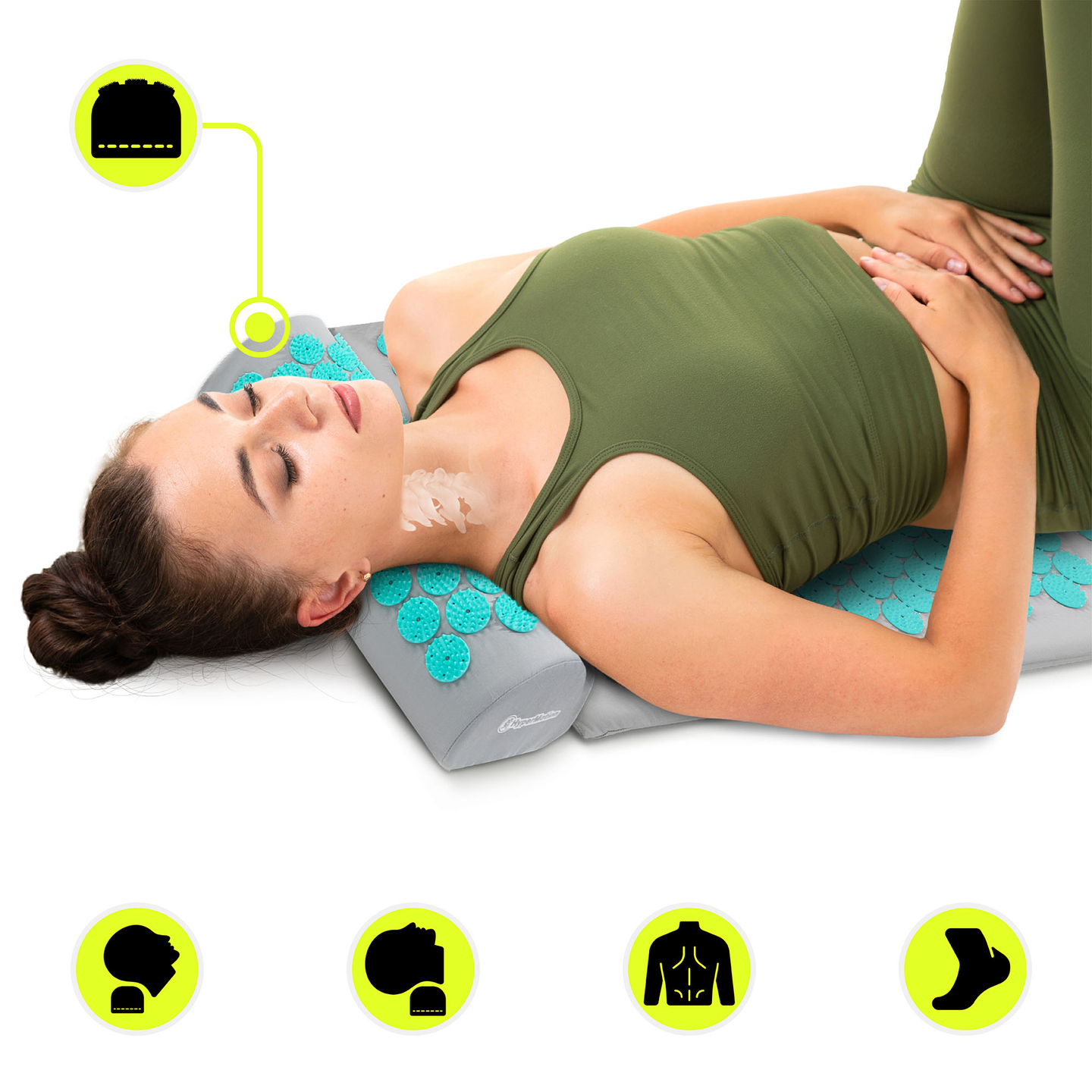 Suur nõelravimatt padja ja kattega - 130 cm HyperMotion hall-mündiroheline