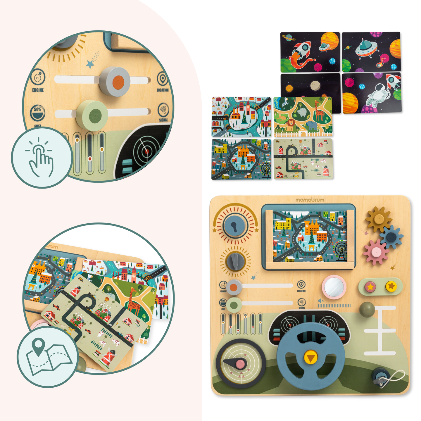 Puidust Montessori laud 2-ühes kokpit väikesele juhile ja piloodile – rool, käigukang, reisikaardid, radar