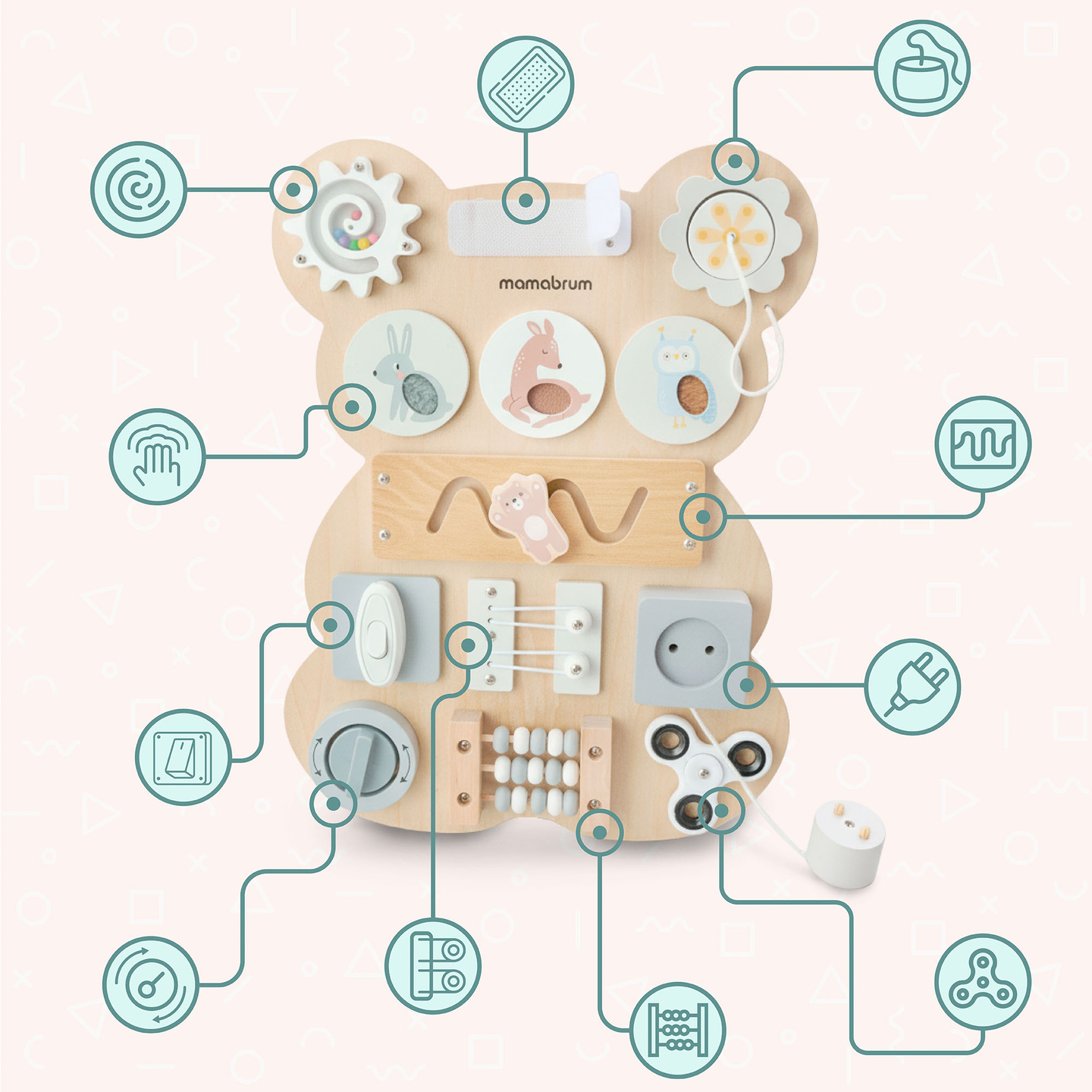 Puidust Montessori kaisukaru manipulatsioonilaud - sensoorne iseseisvuse õppimine: takjapael, pistik, labürint, klõpsatusnupp