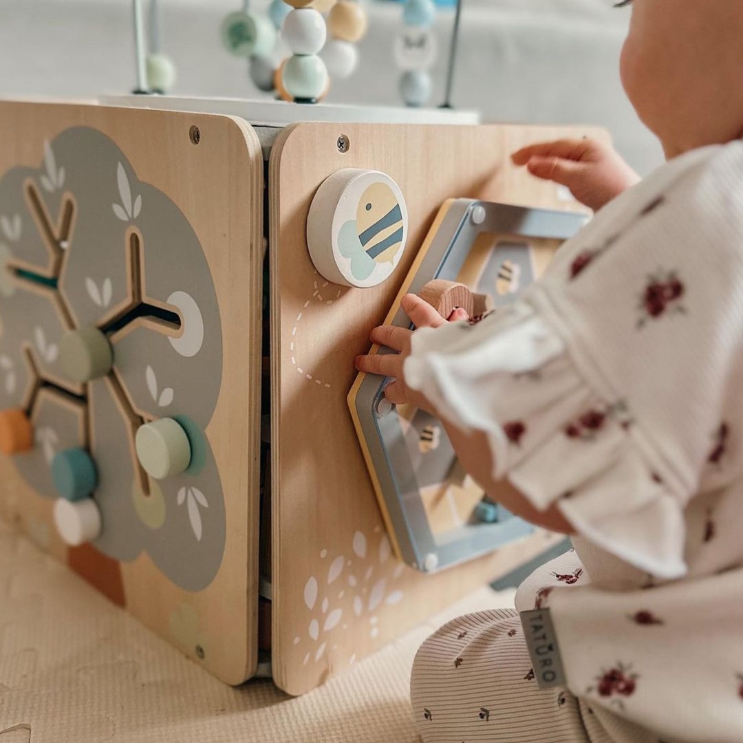 Suur puidust tegevuskuubik koos aasaga - Montessori