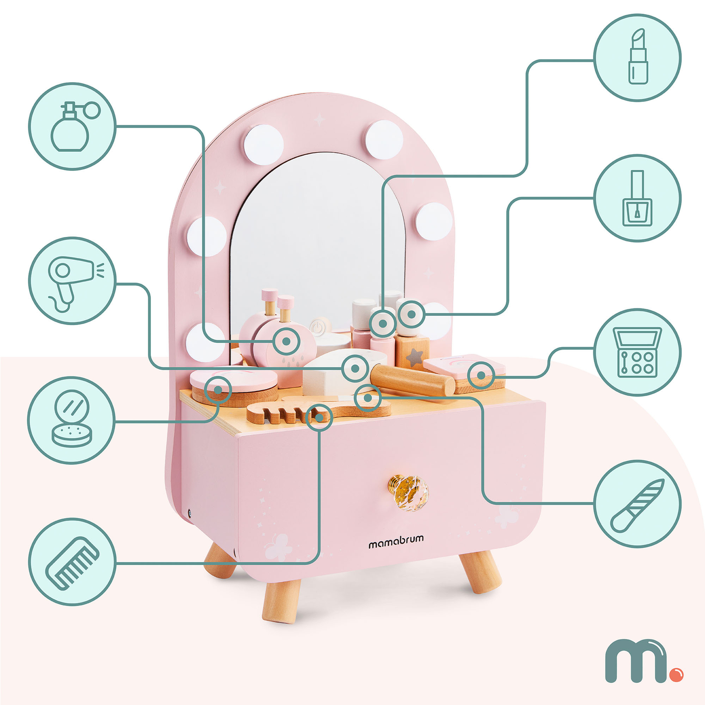 Puidust mini tualettlaud lastele aksessuaaride ja sujuva heleduse reguleerimisega LED-valgustusega