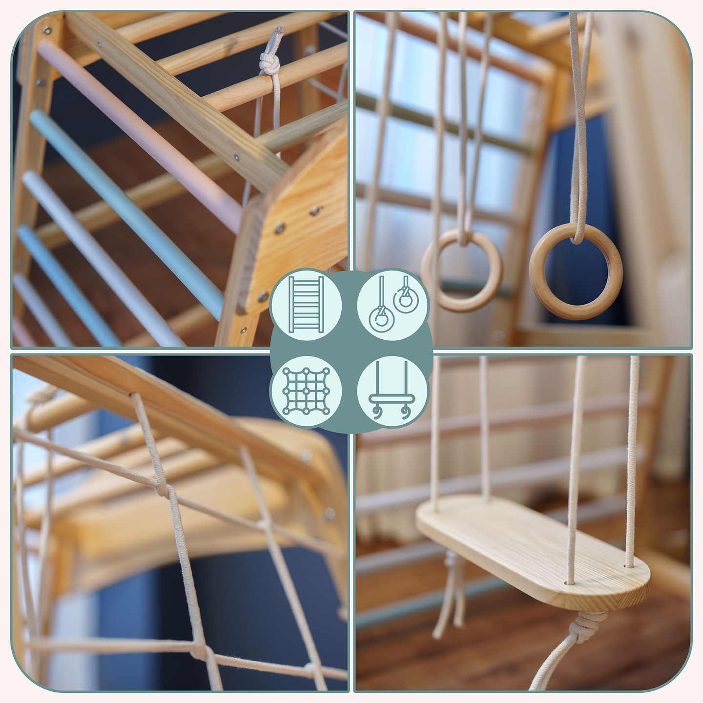 Puidust sisemänguväljak kiige, võimlemisrõngaste ja ronimisvõrguga