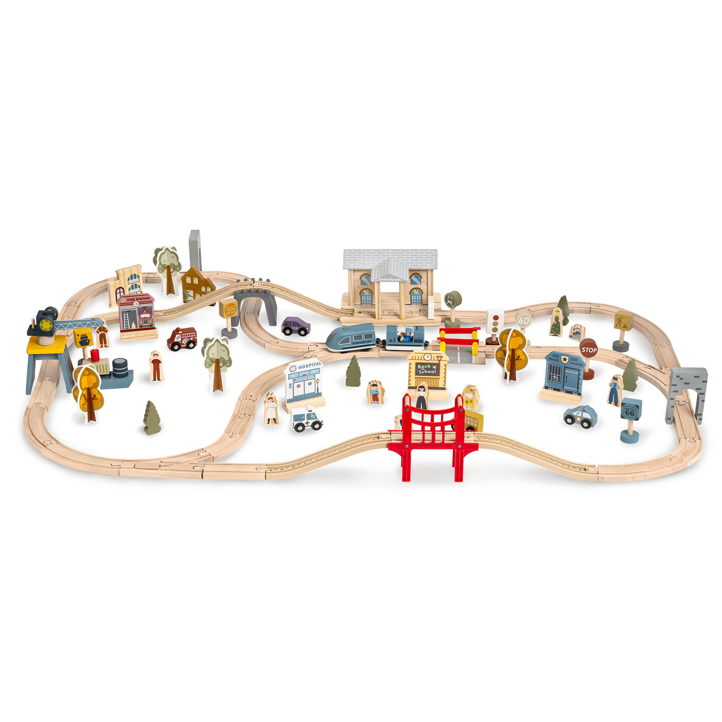 Puidust linnaraudtee elektrirongiga - liikuv kraana, laev, sillad