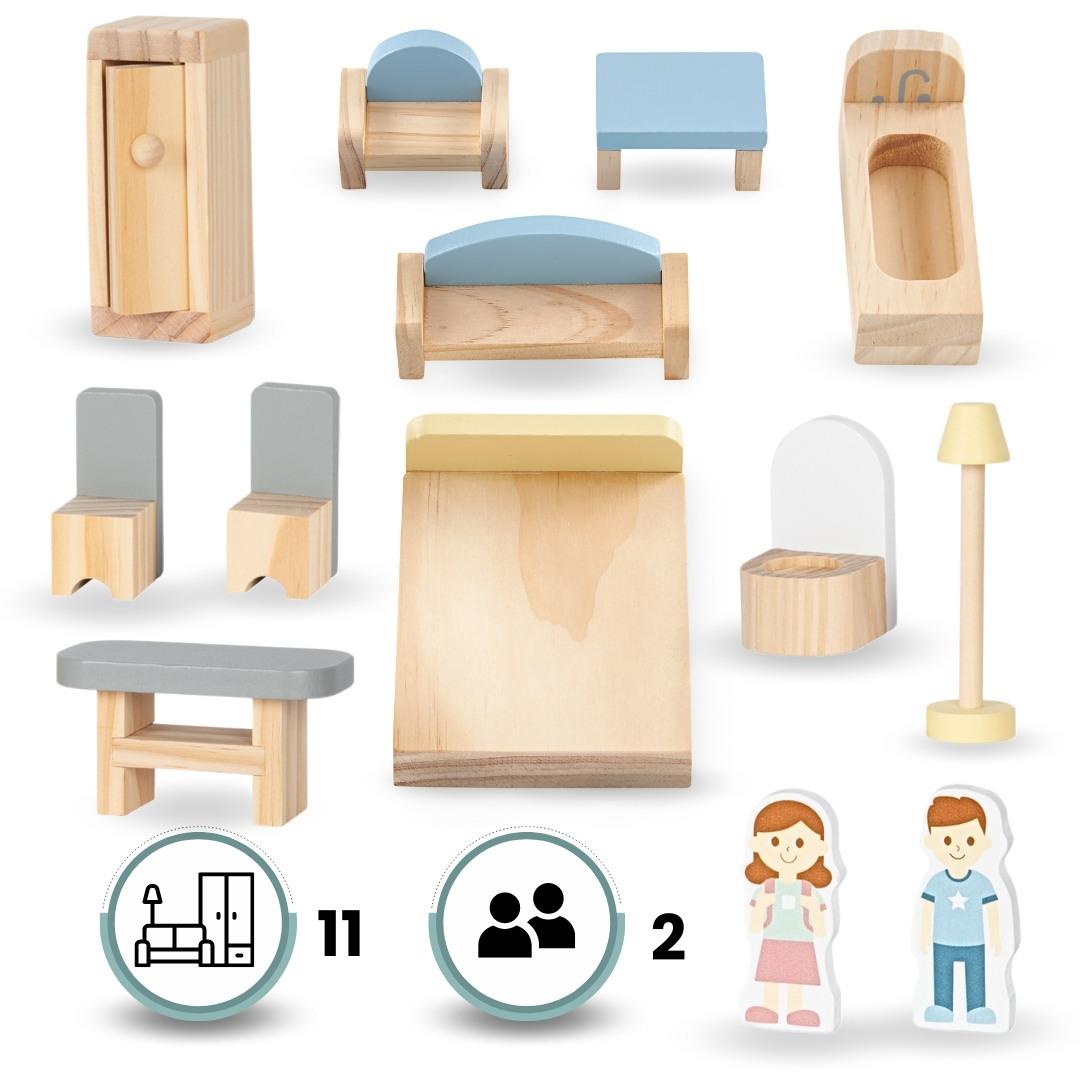 Valge puidust nukumaja koos terrassi ja tarvikutega