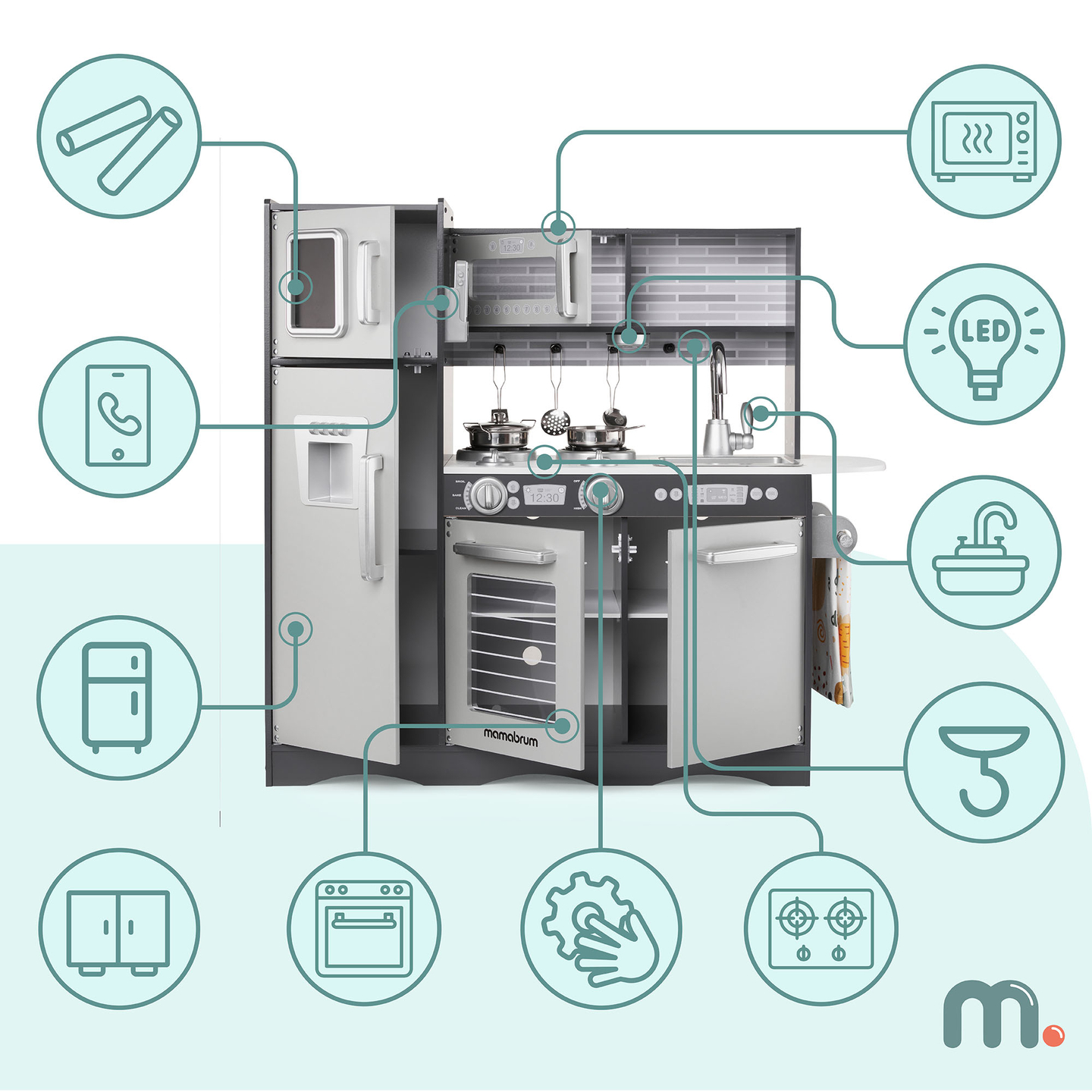 XXL puidust köök koos LED-valgustuse, esiplaadi ja tarvikutega