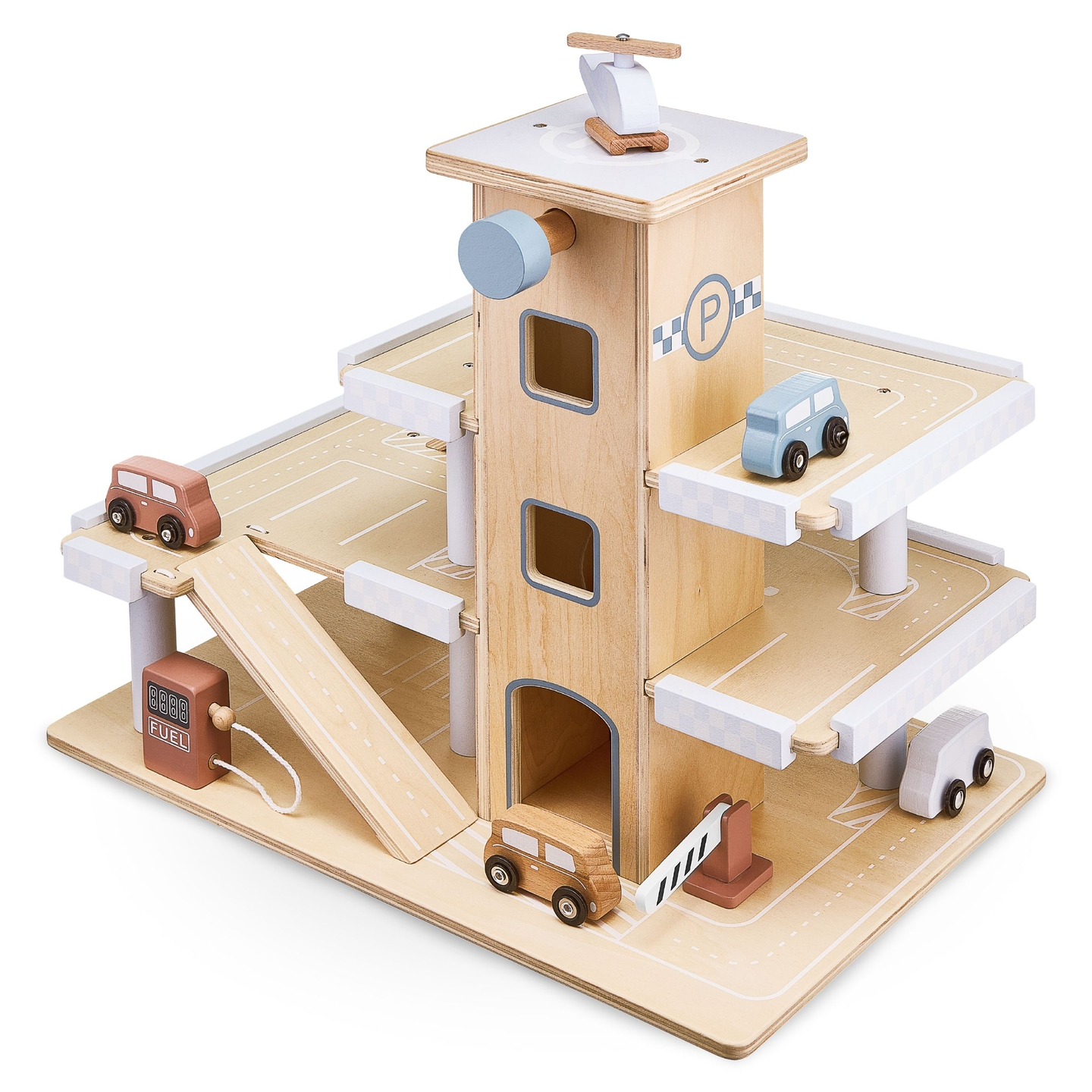 Puidust kolmekorruseline parkla koos liftiga - autode ja helikopteri garaažiga