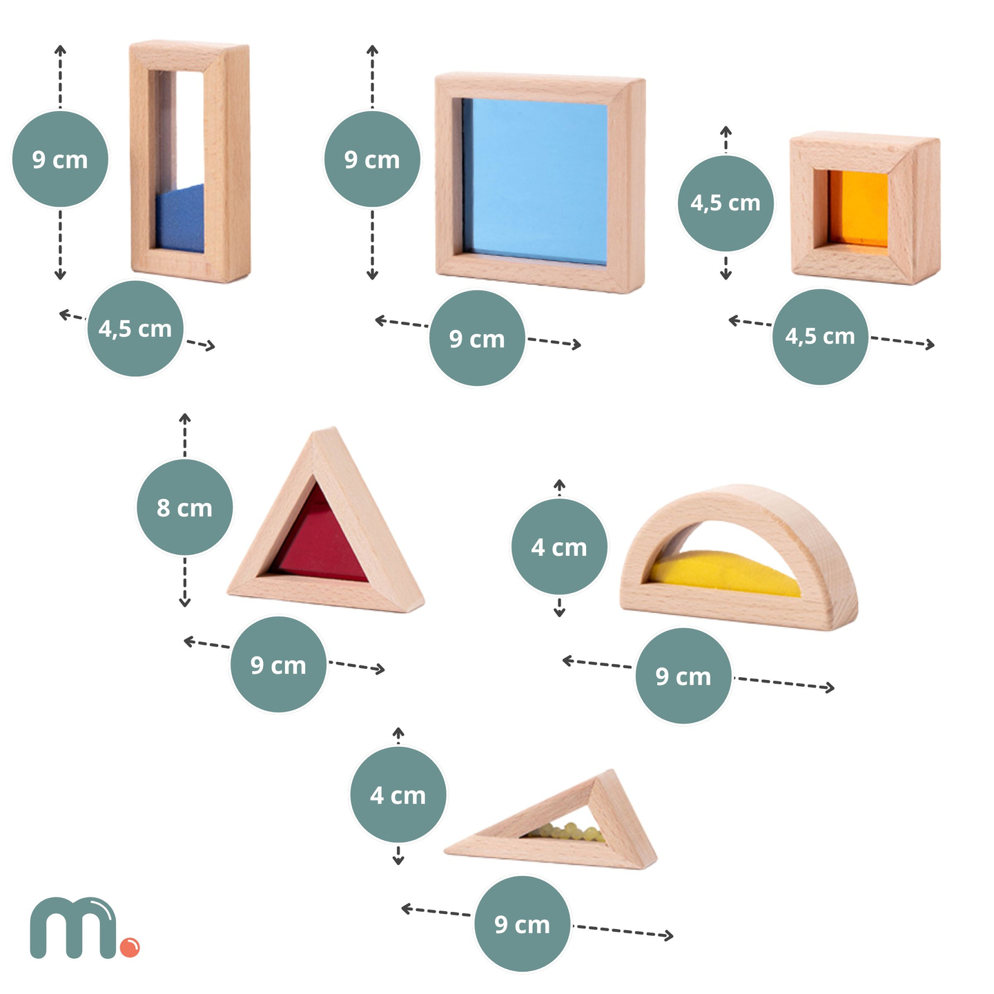 Erinevate täidistega puidust sensoorsete klotside komplekt - 15 tk