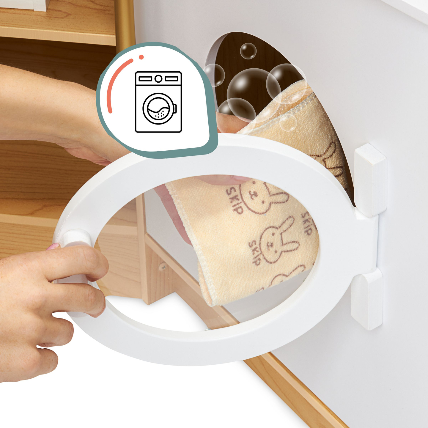 XXXXL suur puidust interaktiivne köök LED-valgustusega, pesumasin, mikrolaineahi, kohvimasin ning puu- ja köögiviljakomplekt - 50 elementi