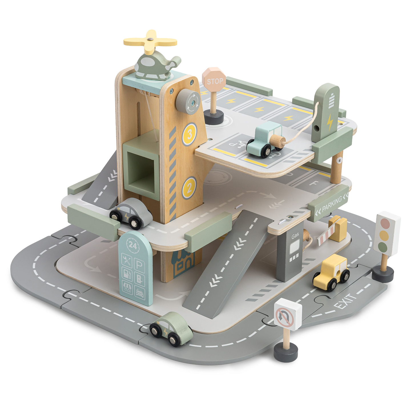 Puidust kolmekorruseline lastega garaaž koos lisatarvikutega – parkla, bensiinijaam, autopesula, helikopter