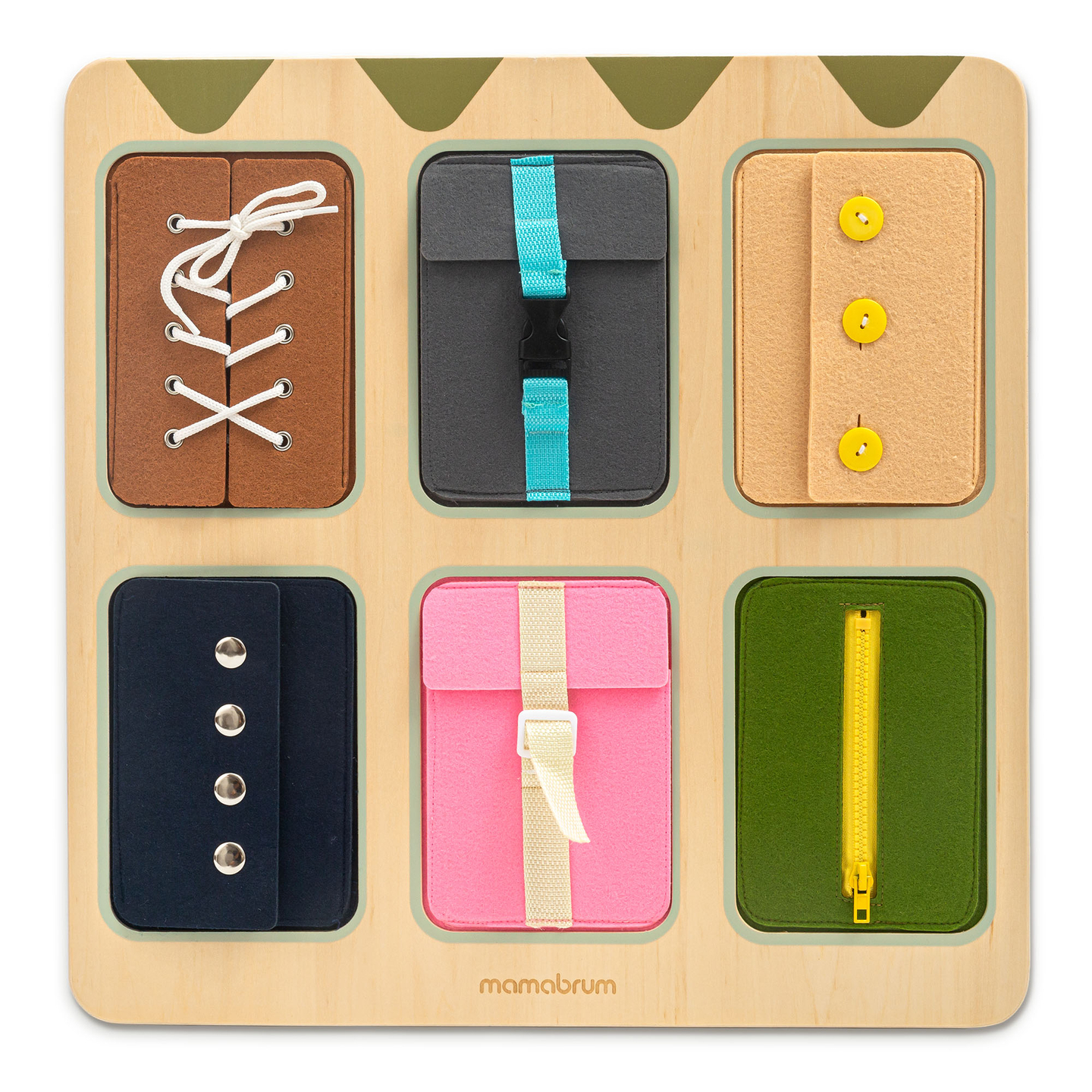 Puidust Montessori manipulatiivlaud – sensoorne iseseisvuse õppimine - paelad, pandlad, nööbid, trukid, lukk