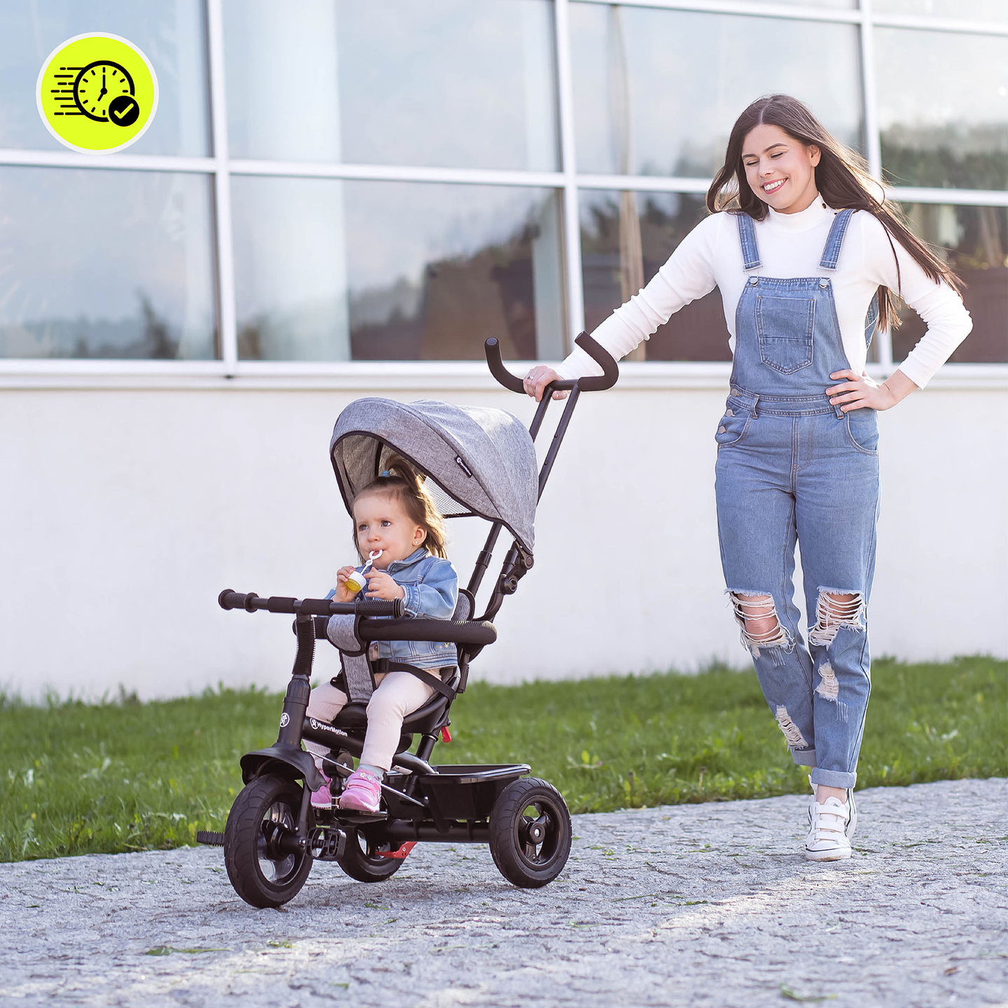 Kolmerattaline jalgratas lastele 1-4 aastat - TOBI FREY - hall värv - pöörlev - pumbatavad rattad + tõukeratas