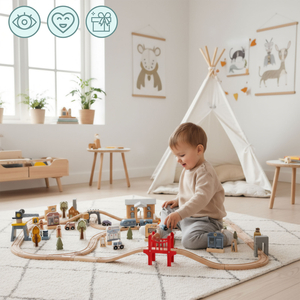 Puidust linnaraudtee elektrirongiga - liikuv kraana, laev, sillad