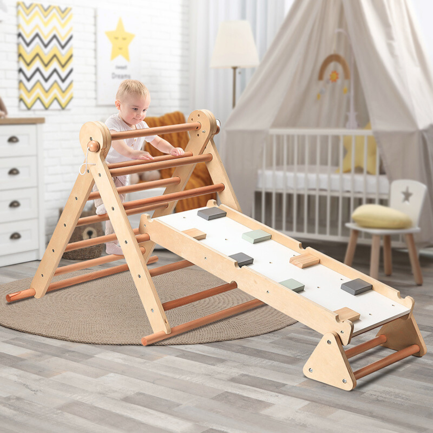 Puidust, omatehtud laste mänguväljak - redel + ronimissein + tasakaalupalk - Pikleri kolmnurk