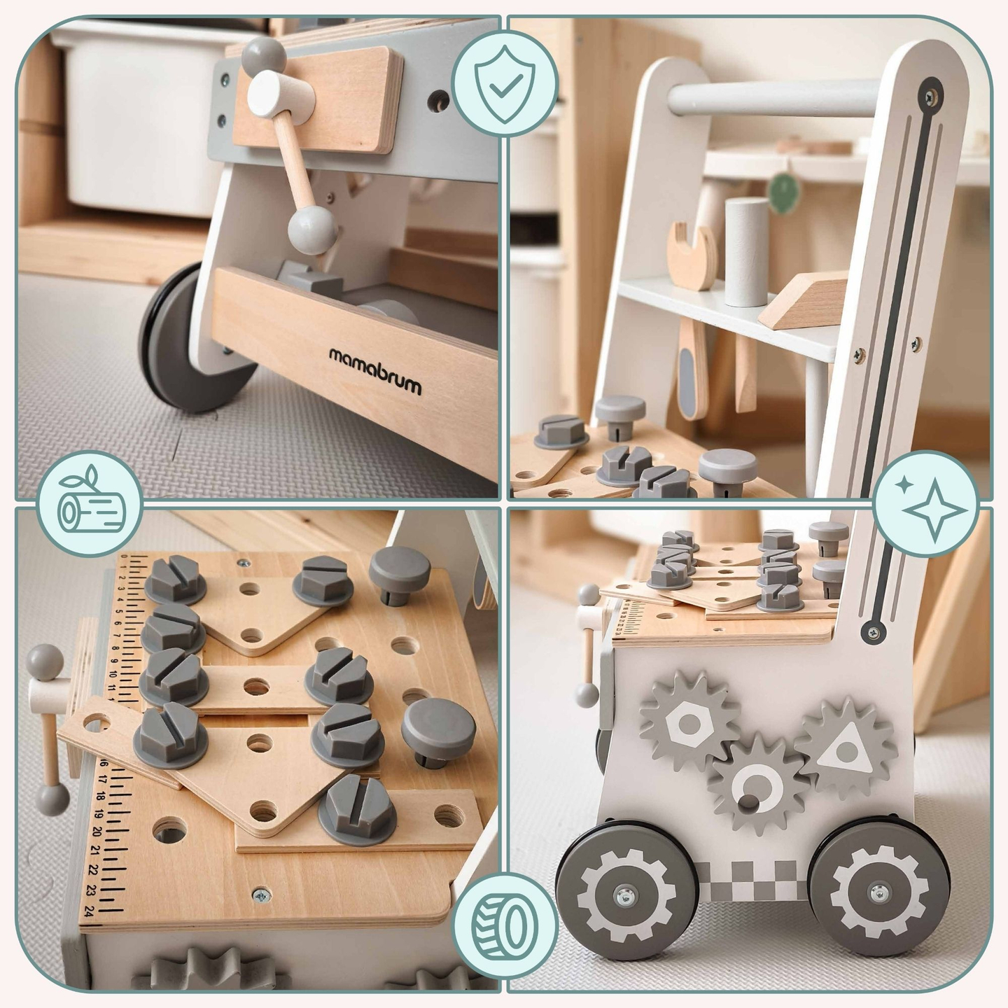 3-in-1 puust kõndija, tõukur + töökoda - 47 elementi