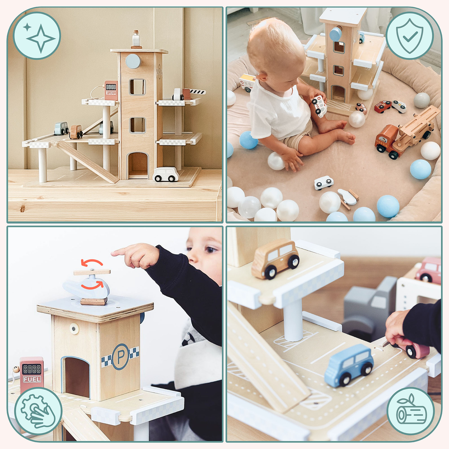 Puidust kolmekorruseline parkla koos liftiga - autode ja helikopteri garaažiga