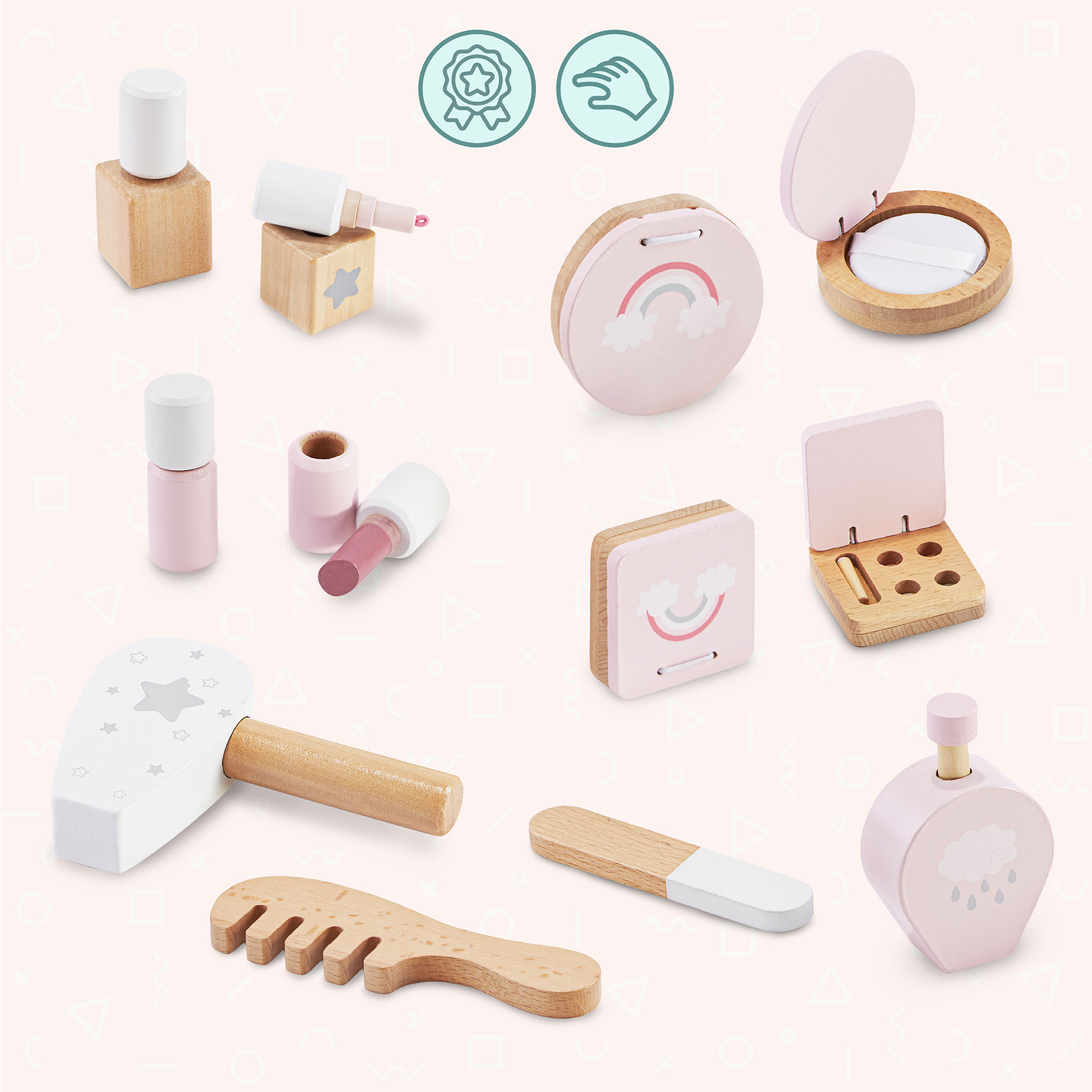 Puidust laste tualettlaud LED-valgustusega, millel on sujuv heleduse reguleerimine, tool ja aksessuaarid