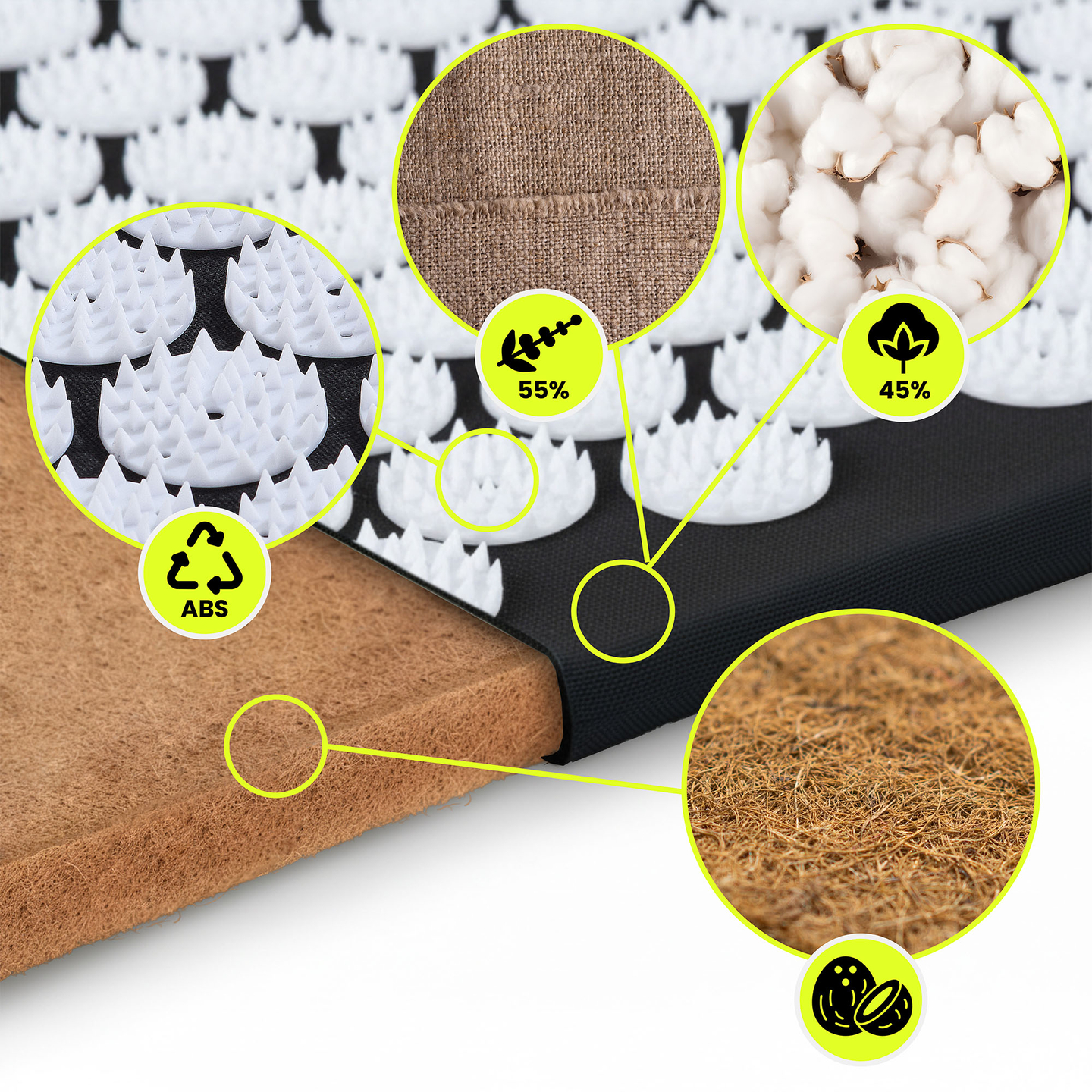 Öko-linane nõelravimatt kookoskiudude ja tatrapadjaga – 68 cm HyperMotion must ja valge