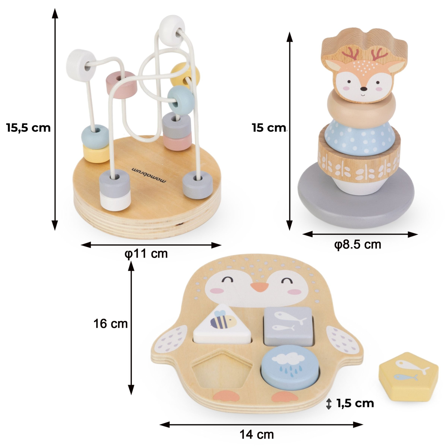 Puidust mänguasjade komplekt - värviline põiming, püramiid Deer, sorteerija Penguin
