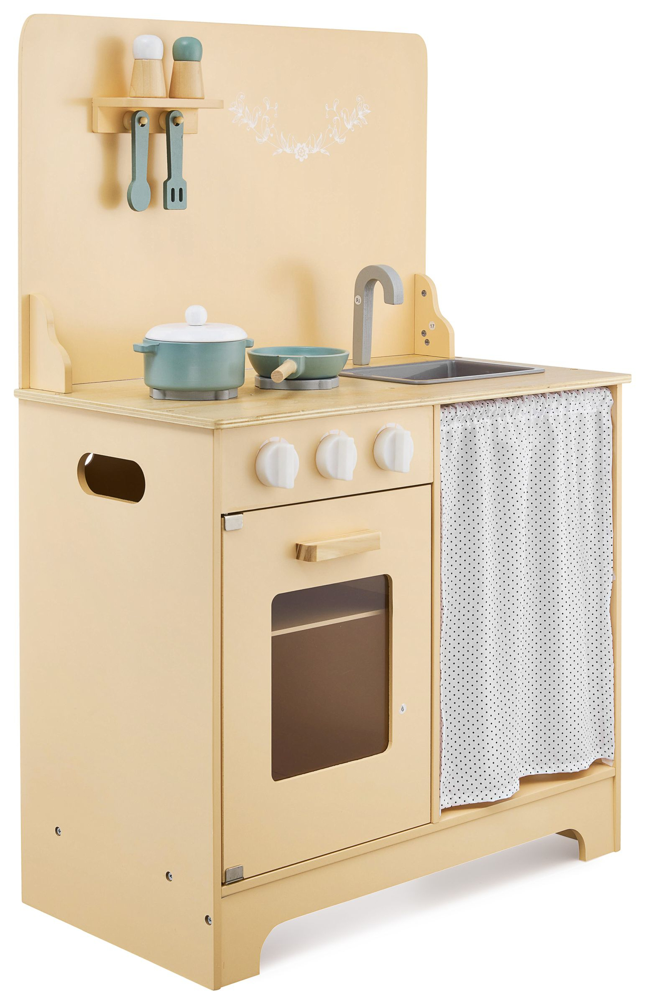 Puidust köök koos esiplaadi, tarvikute ja LED-valgustusega