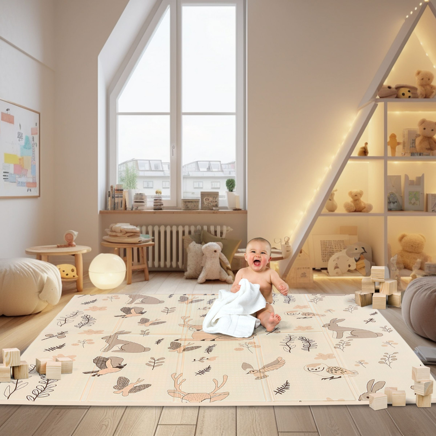 Kahepoolne kokkupandav vahtmatt 180 x 120 x 1 cm - Magic Forest/Autumn Streets - boho