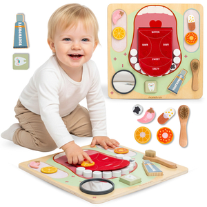 Puidust Montessori õppelaud Väike hambaarst - hambahari, hambapasta, eemaldatavad hambad, peegel, toit, õppimismaitsed