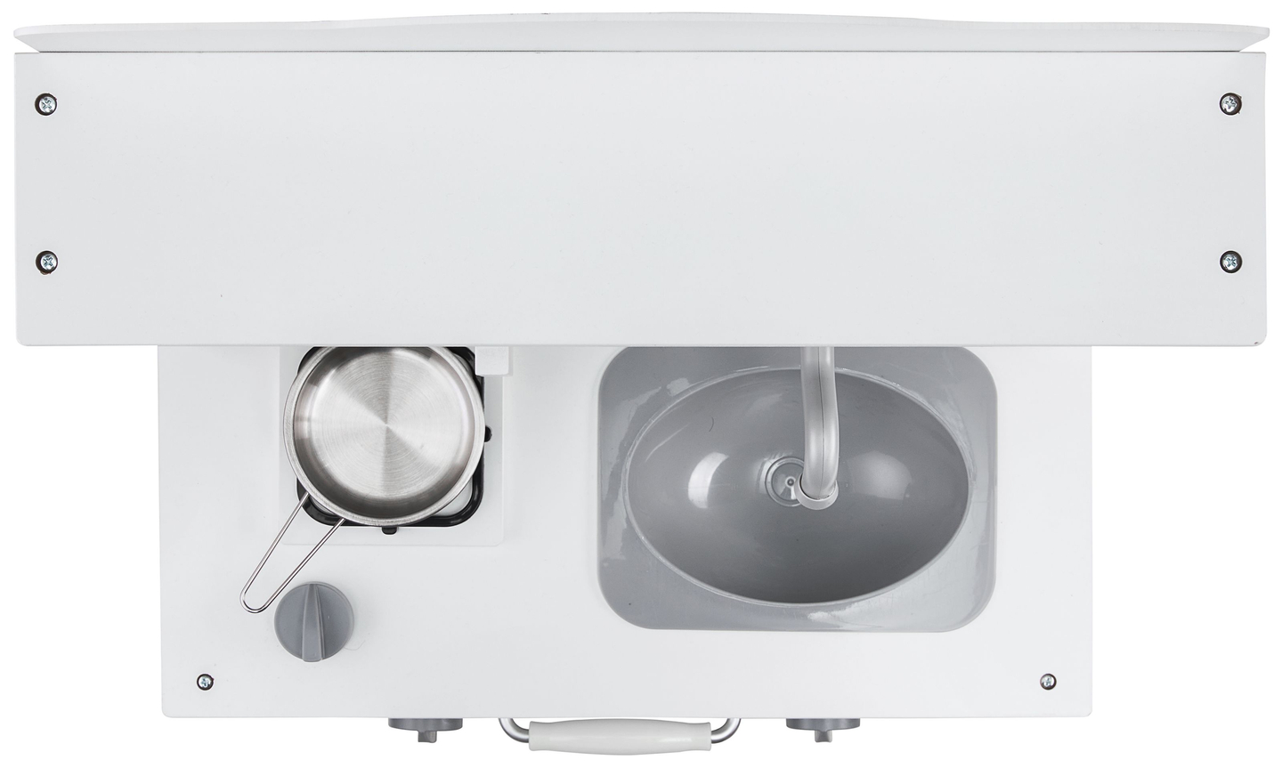 Valge puidust köök koos esiliistu, aksessuaaride ja LED-lambiga