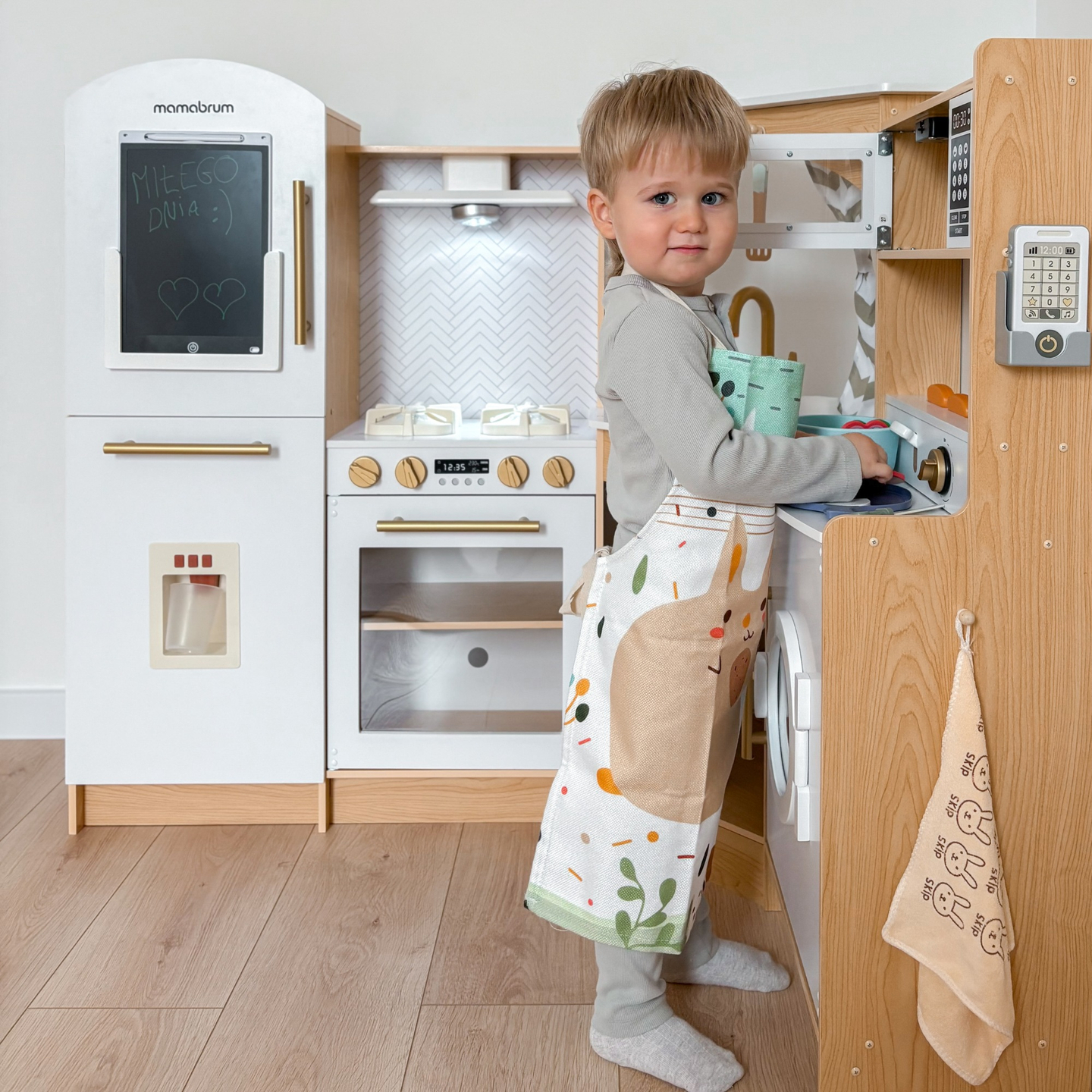 XXXXL suur puidust interaktiivne köök LED-valgustusega, pesumasin, mikrolaineahi, kohvimasin ning puu- ja köögiviljakomplekt - 50 elementi