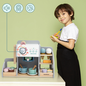 Suur puidust jäätisekohvik koos magnetlaua, kohvimasinaga ning jäätise- ja magustoidukomplektiga - üle 70 tüki!