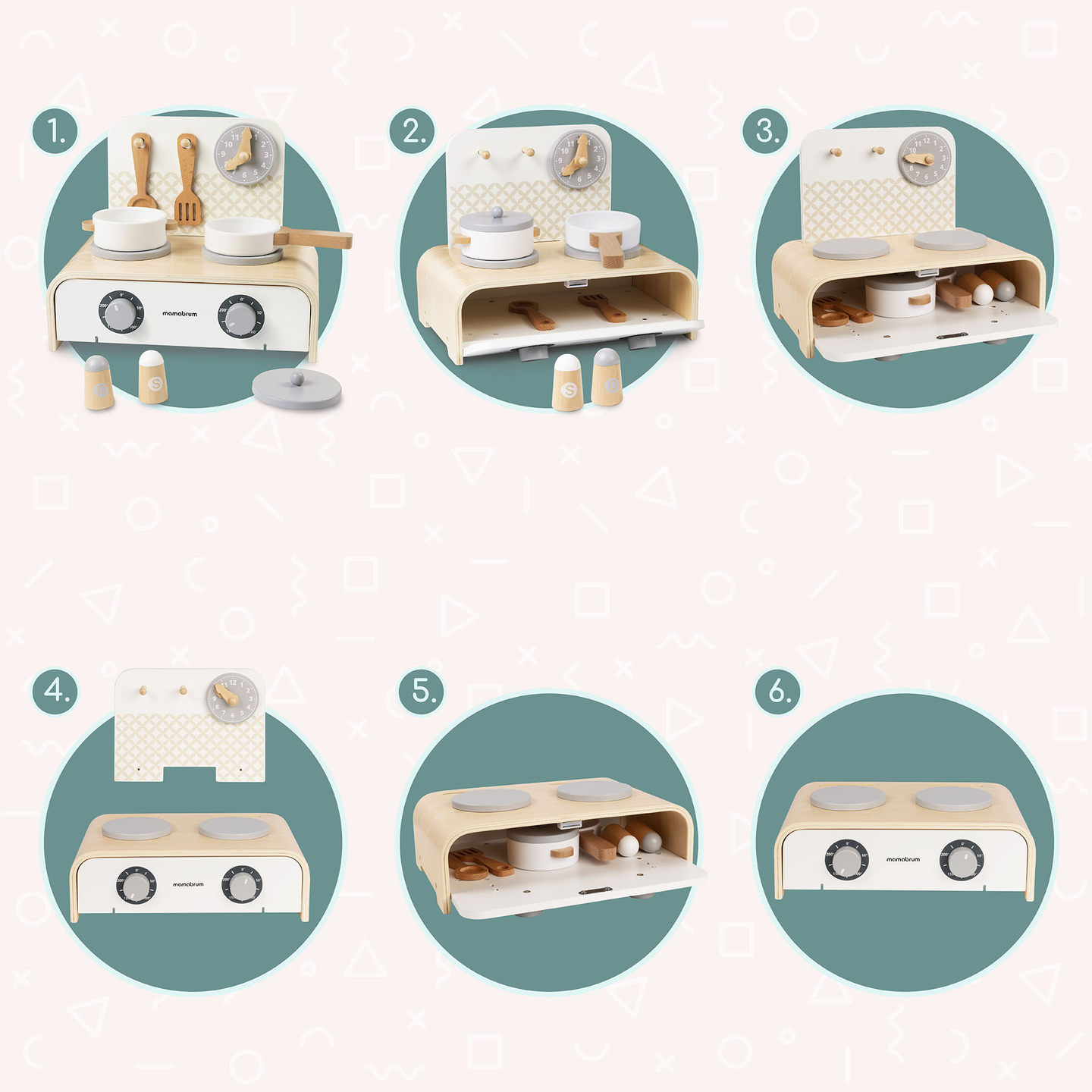 Mamabrumi puidust kokkupandav köök lastele - komplekt pottide, köögitarvikute ja hoiuruumiga