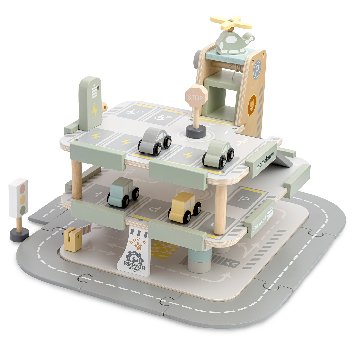 Puidust kolmekorruseline lastega garaaž koos lisatarvikutega – parkla, bensiinijaam, autopesula, helikopter