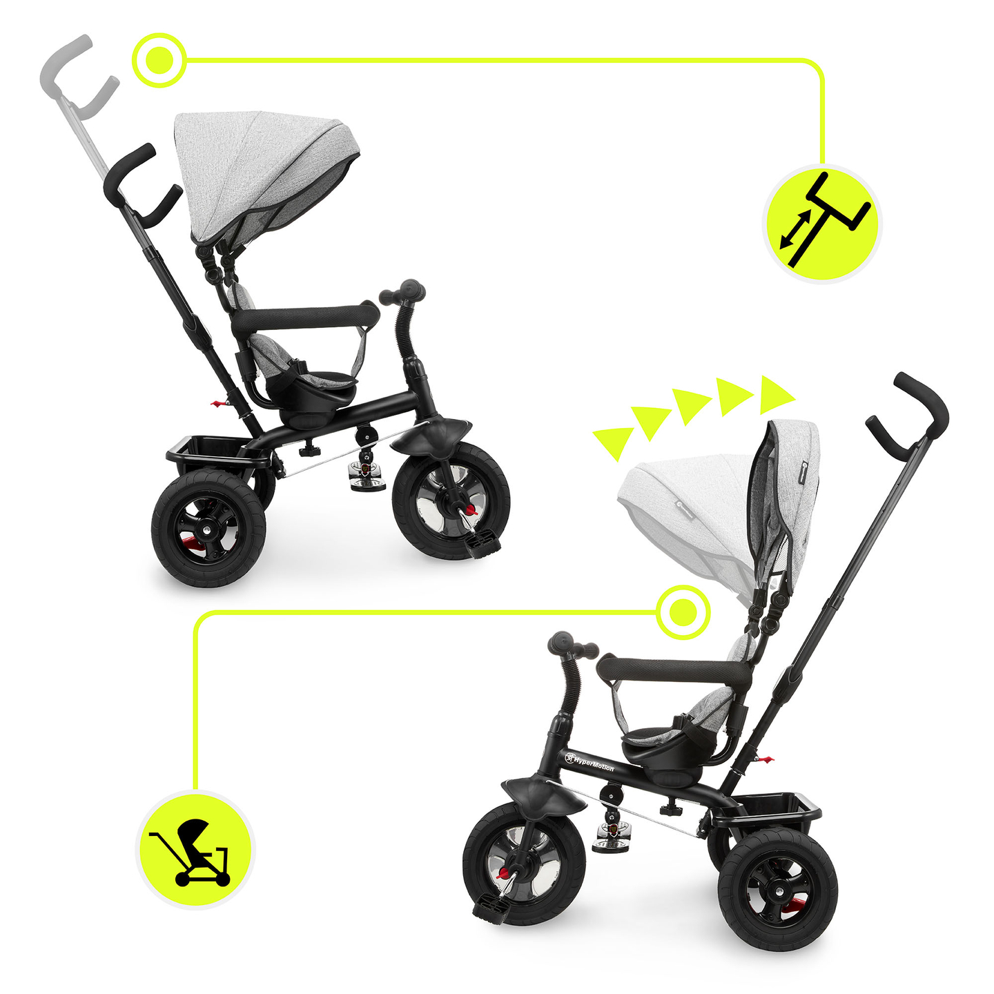 Kolmerattaline jalgratas lastele 1-4 aastat - TOBI FREY - hall värv - pöörlev - pumbatavad rattad + tõukeratas