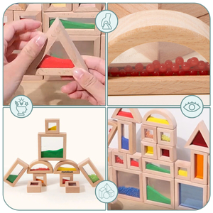 Erinevate täidistega puidust sensoorsete klotside komplekt - 15 tk