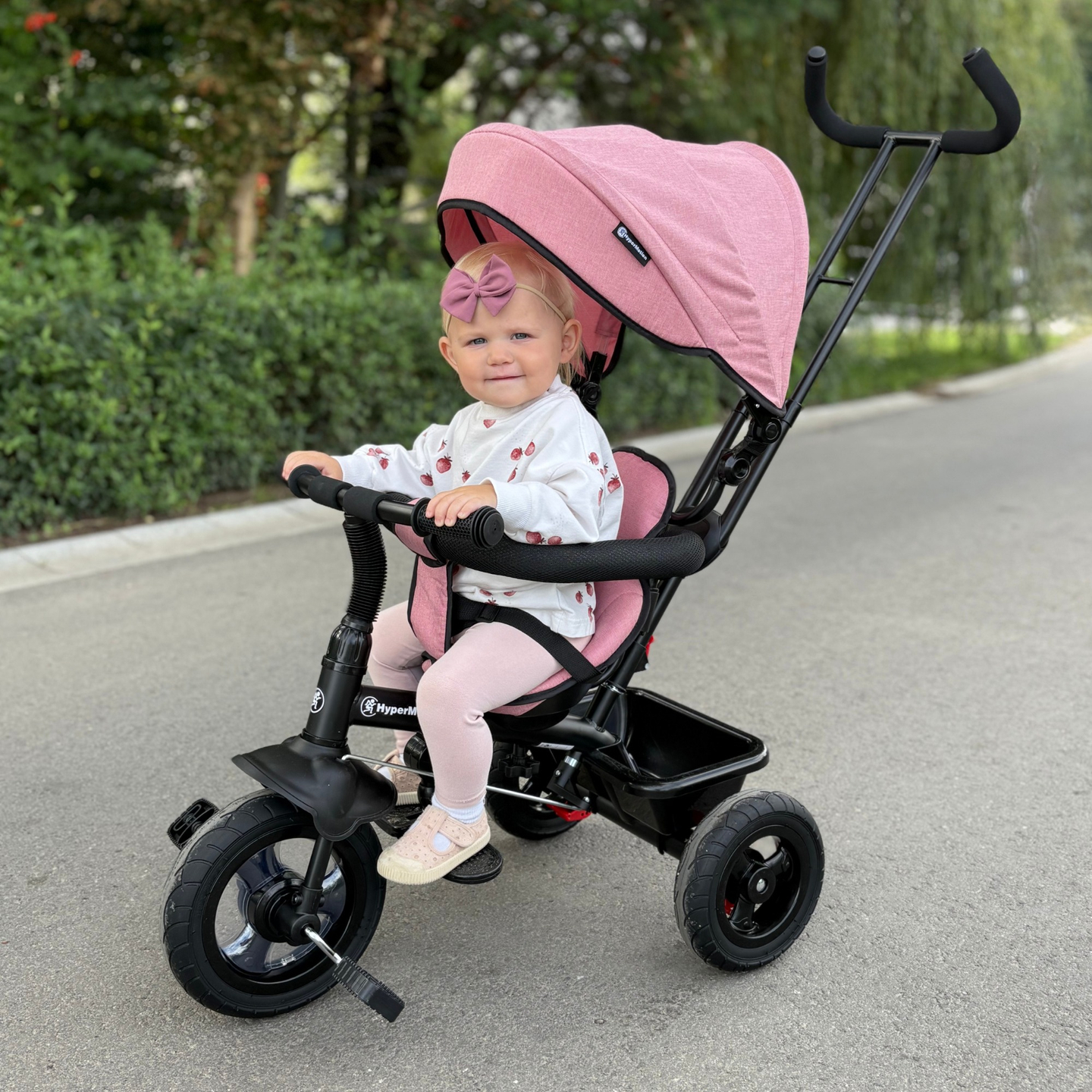 Kolmerattaline jalgratas lastele 1-4 aastat - TOBI FREY - roosa värv - pöörlev - pumbatavad rattad + tõukur