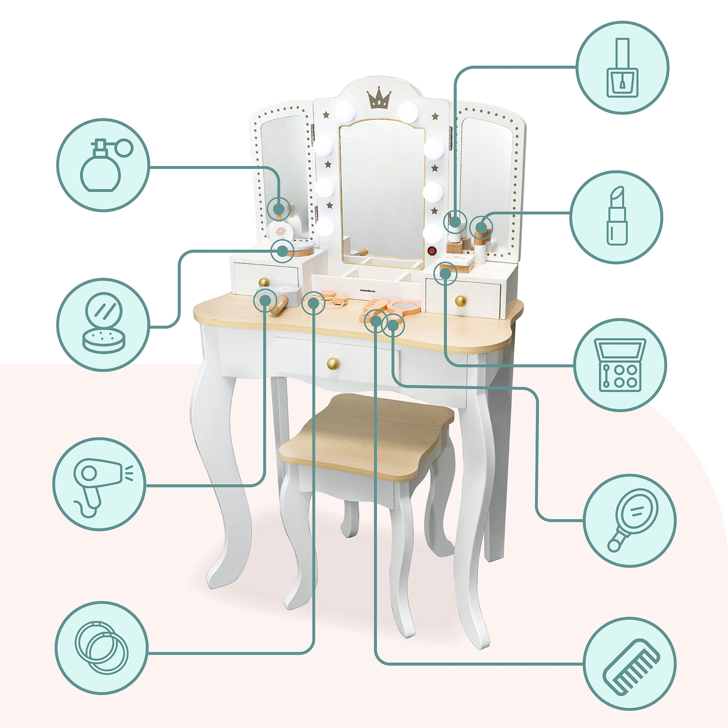 XXL puidust riietuslaud koos jopega ja LED-valgustusega lastele + tarvikud