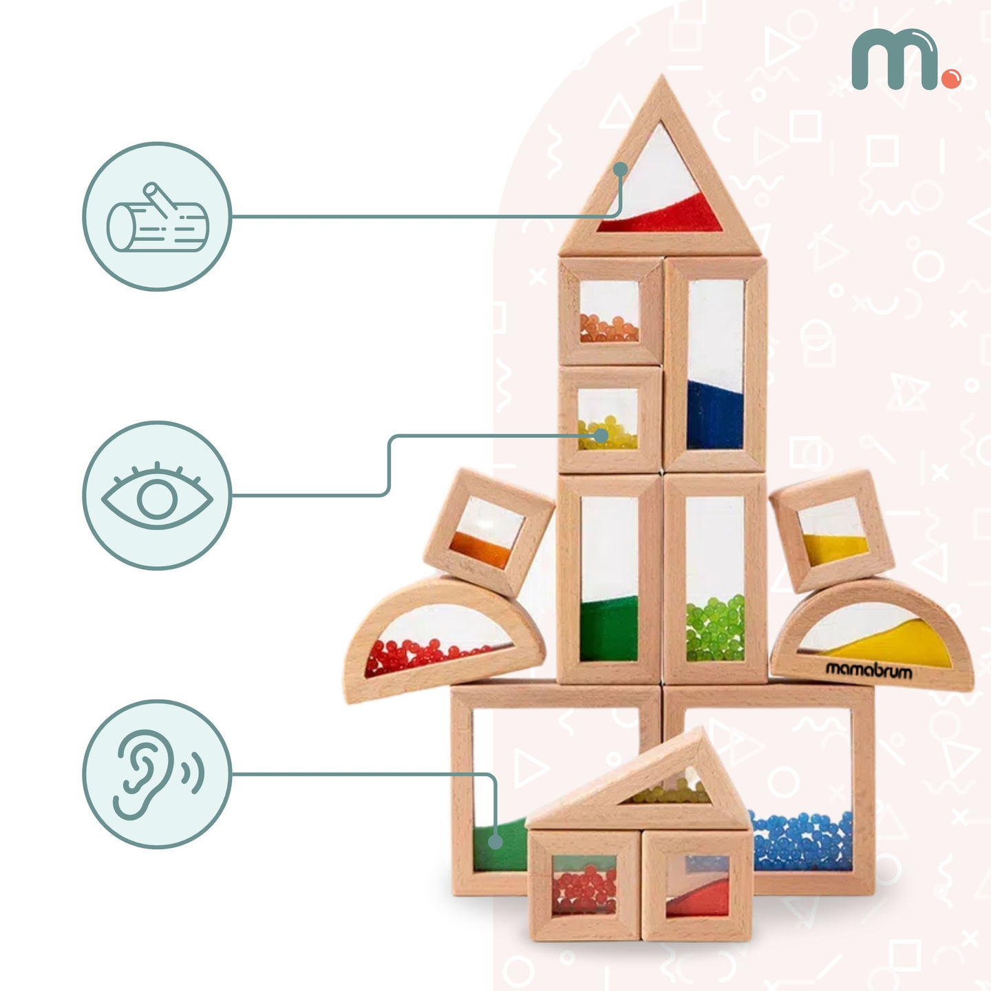 Erinevate täidistega puidust sensoorsete klotside komplekt - 15 tk