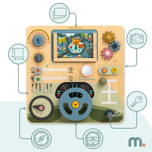 Puidust Montessori laud 2-ühes kokpit väikesele juhile ja piloodile – rool, käigukang, reisikaardid, radar