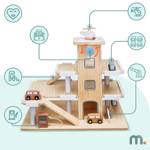 Puidust kolmekorruseline parkla koos liftiga - autode ja helikopteri garaažiga