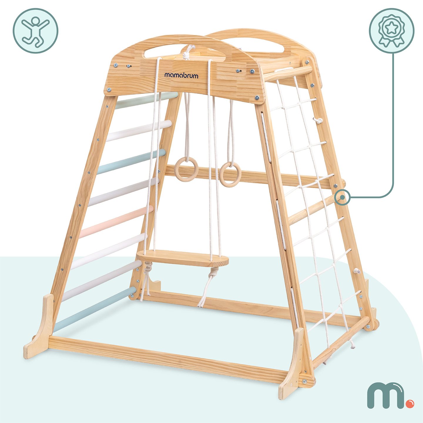 Puidust sisemänguväljak kiige, võimlemisrõngaste ja ronimisvõrguga