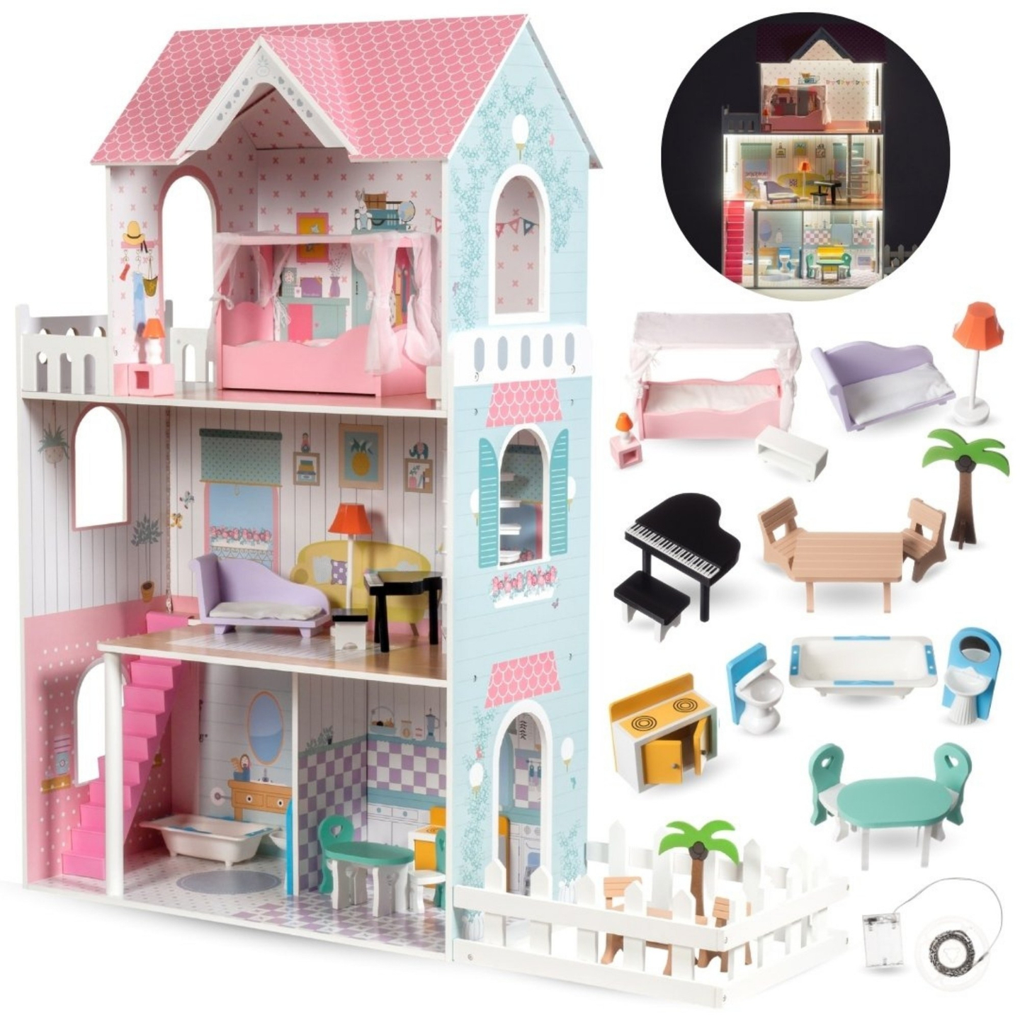 XXL Suurim puidust nukumaja - 123 cm - LED valgustatud - terrass, tarvikud, aed