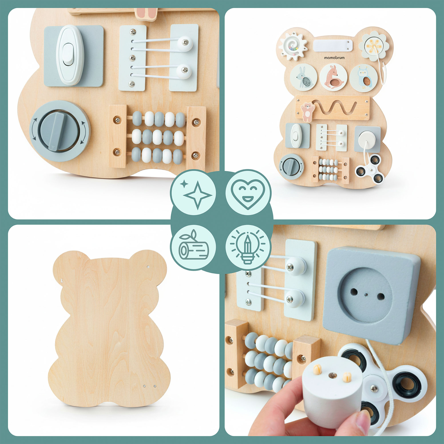 Puidust Montessori kaisukaru manipulatsioonilaud - sensoorne iseseisvuse õppimine: takjapael, pistik, labürint, klõpsatusnupp